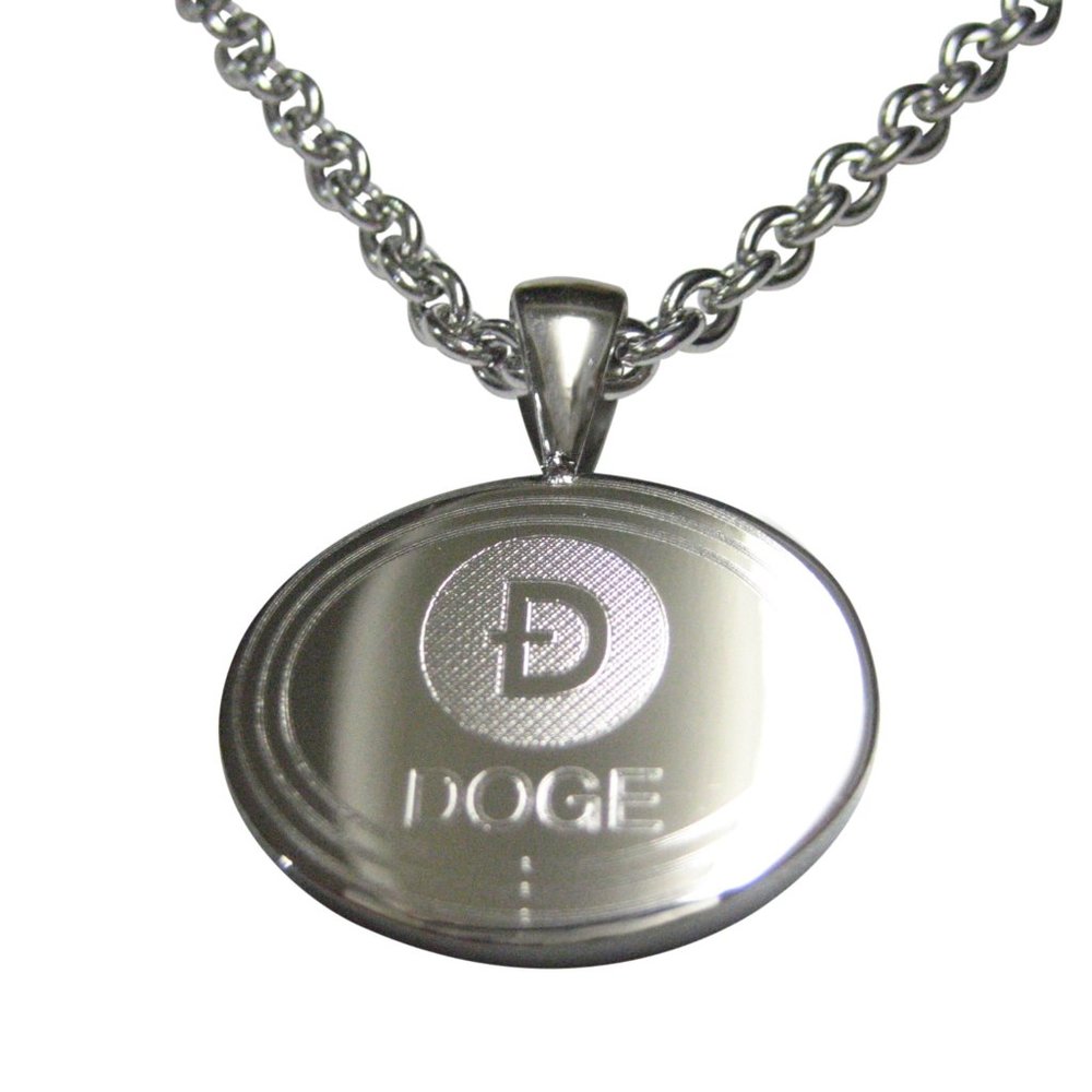 Silver Toned Oval Etched Doge Coin Cryptocurrency Blockchain Pendant Necklace